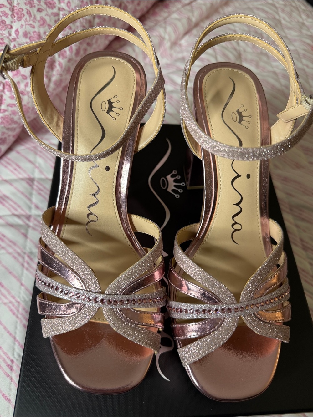 Nina Rose Gold Glitter Strappy Slingback Heel